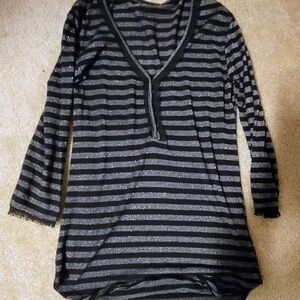 Poof Black and Silver Striped V-Neck Top